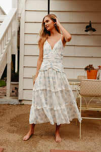 white ruched tiered maxi dress with blue floral print | english floral print dress