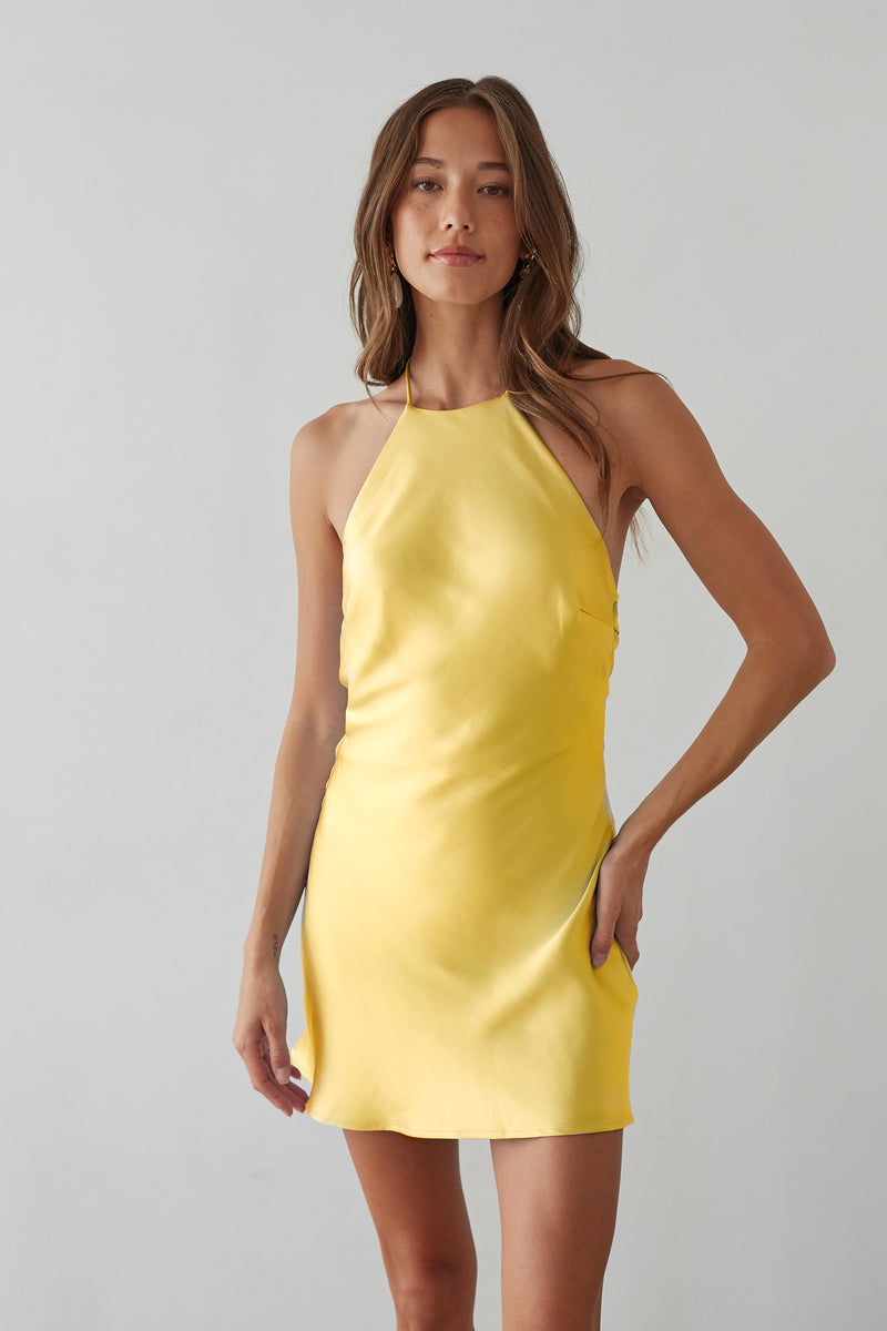 Arella Halter Coquette Satin Mini Dress | Shop American Threads Online Light Blue / L Arella Halter Coquette Satin Mini Dress | Shop American Threads Online Light Blue / L
