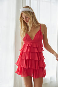 pink tiered ruffle mini dress - coral ruffle summer dress - sorority recruitment dress - birthday dress inspo