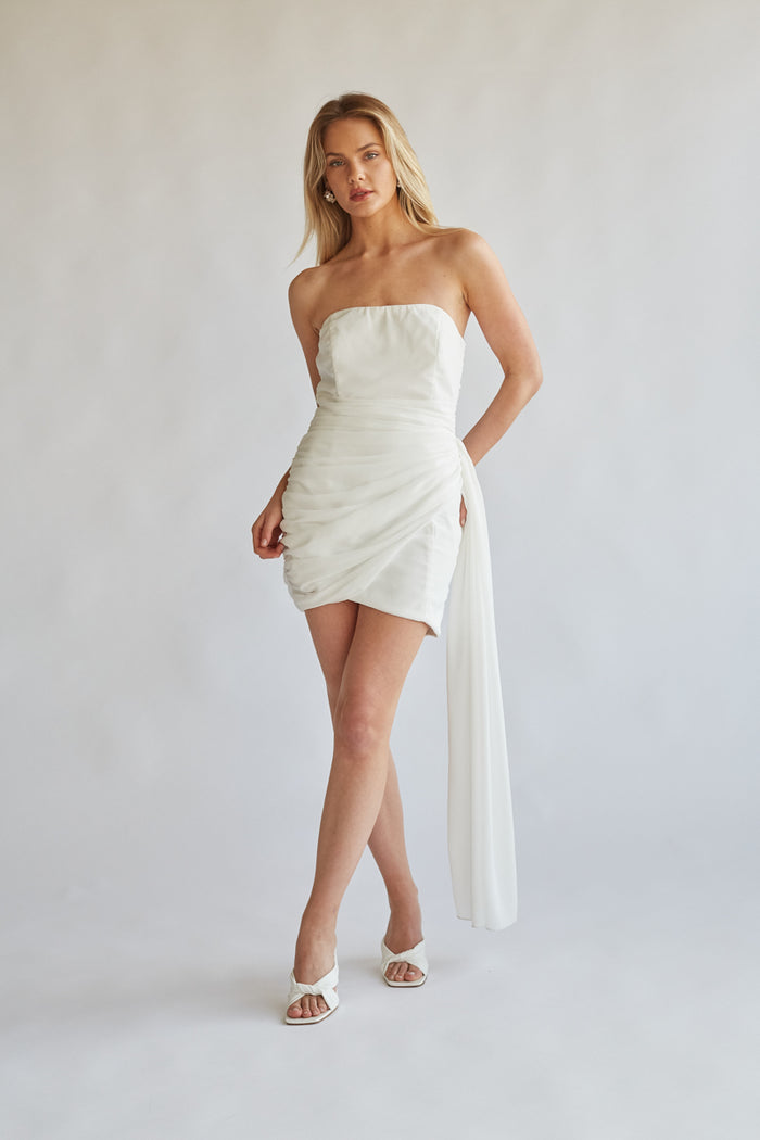 front view white bridal mini dress - drape mini dress with dis sash 