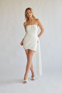 front view white bridal mini dress - drape mini dress with dis sash 