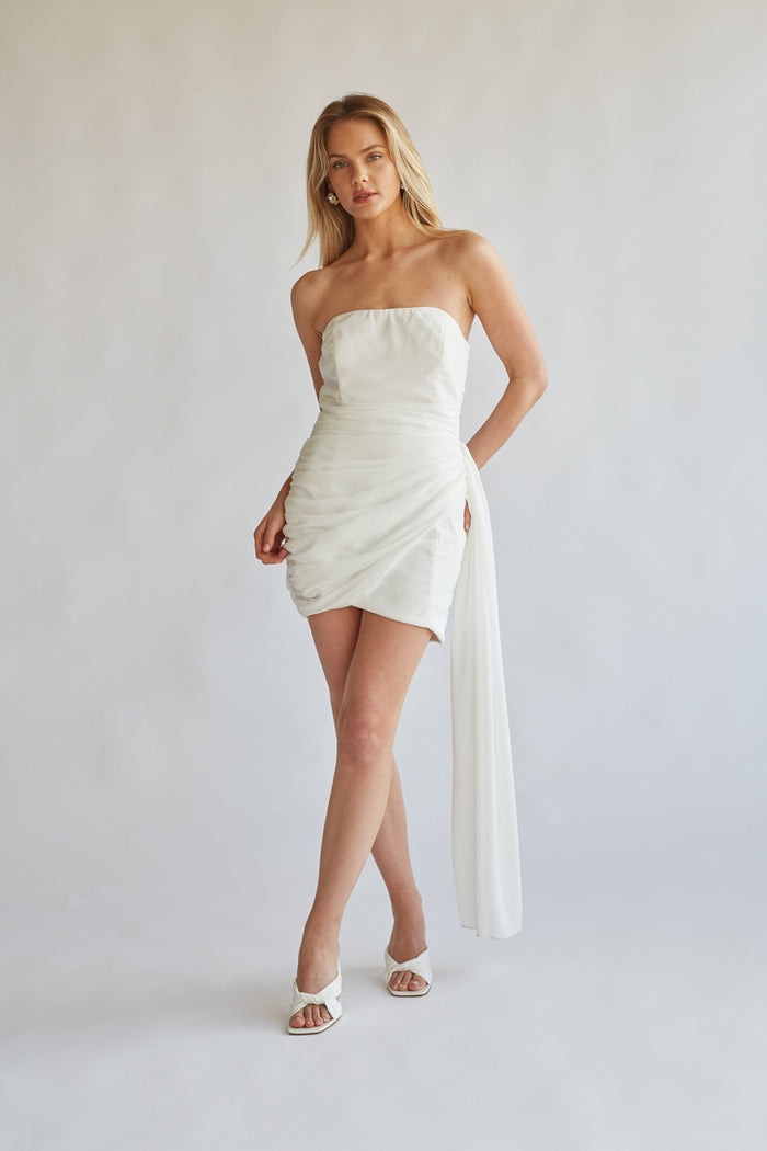 front view white bridal mini dress - drape mini dress with dis sash