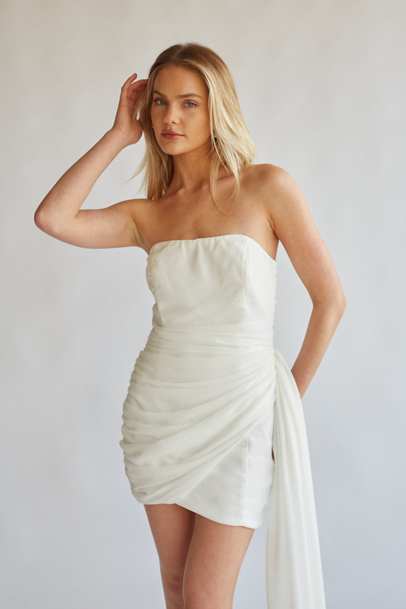 front view strapless white wrap mini dress for homecoming