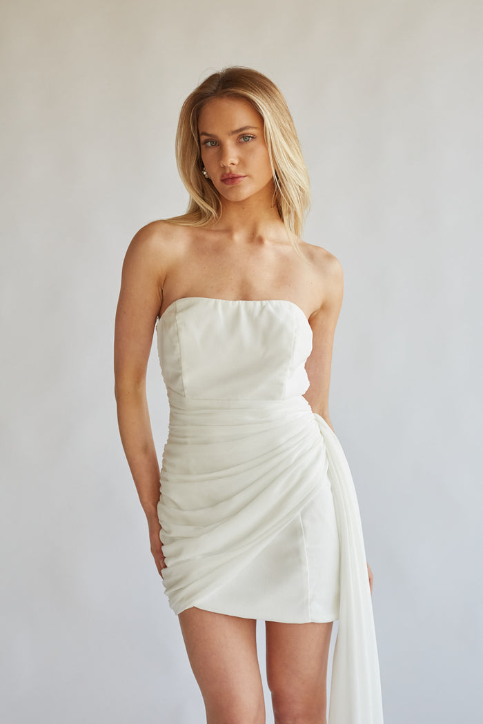 white strapless side sash mini dress