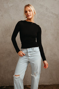 black ruched long sleeve top - capsule wardrobe pieces 