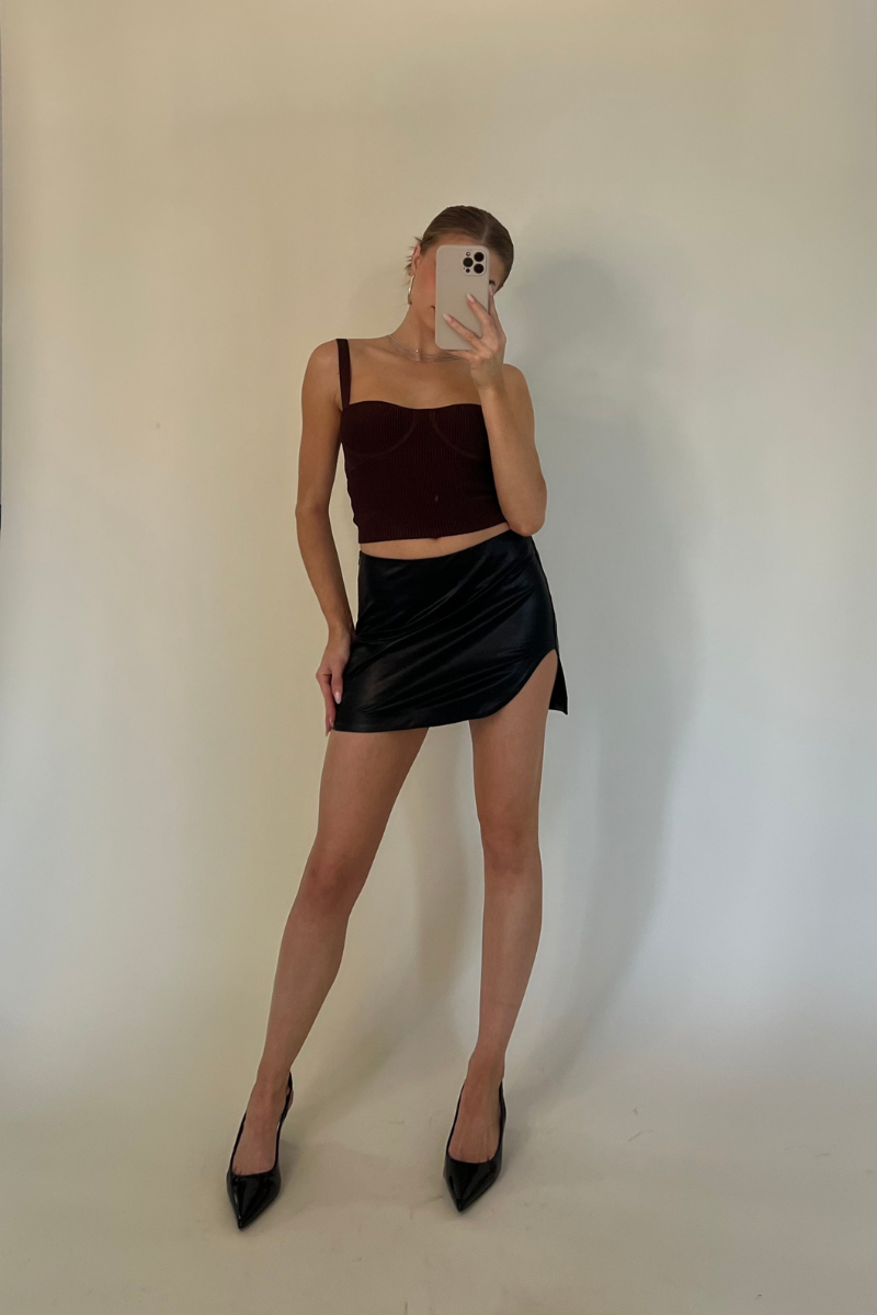 faux leather mini skort - skirt with side slit - vegan leather skort