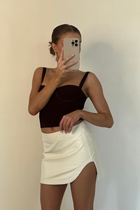 white faux leather mini skort - mini skort with side slit - sexy going out skort