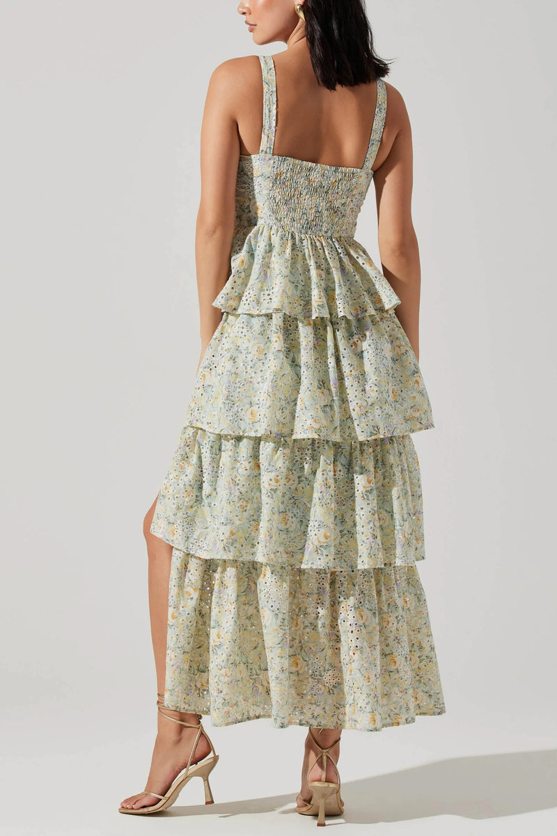 sage green floral maxi dress with ruffle skirt | wedding guest dress spring 2024