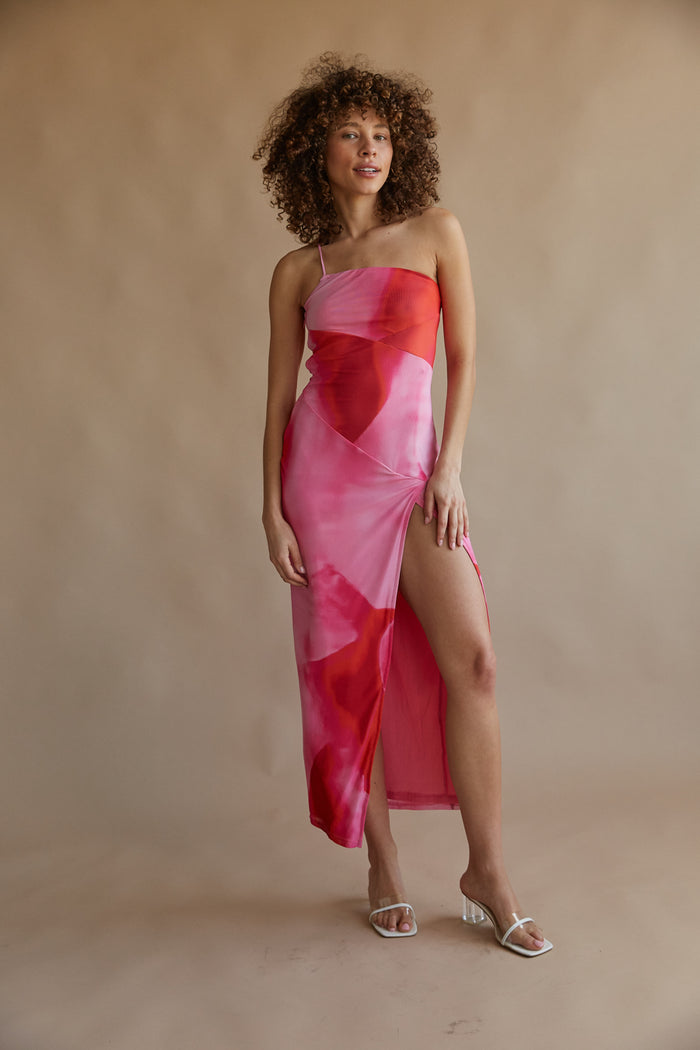 pink and red aura paneled one shoulder maxi dress with slit | 2024 prom dress boutique