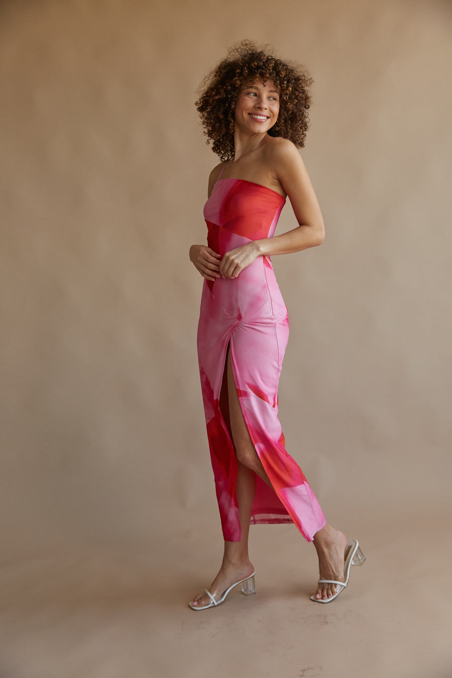 red and pink asymmetrical one shoulder bodycon maxi dress | high slit maxi dress