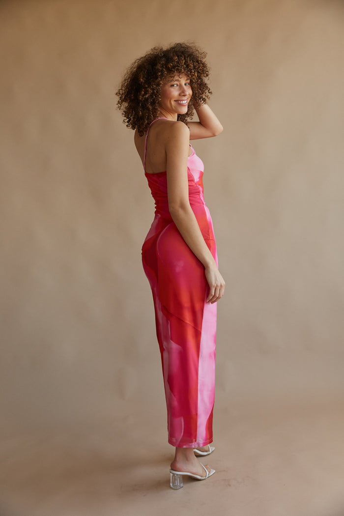 pink and red graphic pattern one shoulder maxi dress | unique wedding guest dresses 2024 