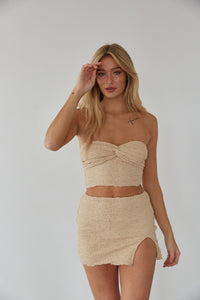 tan twist front tube top and mini skirt - sand crinkle cut matching set - beach day outfit
