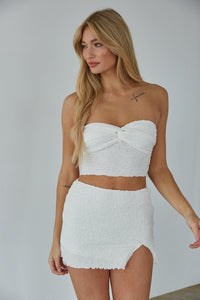white strapless crop top and mini skirt set - two-piece beach set - summer fashion outfit inspo