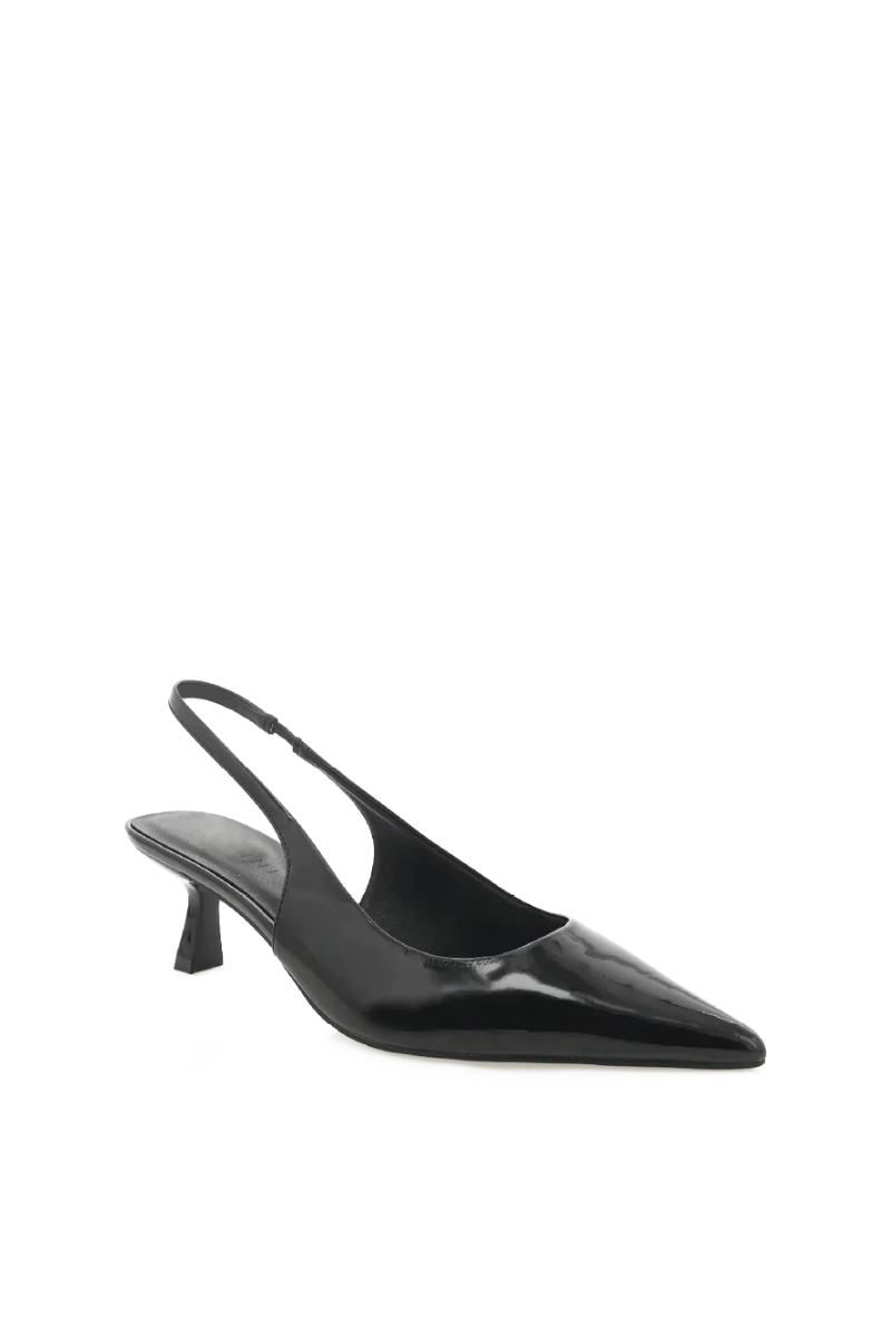 corporate girly kitten heels with slingback design - pointed black patent pumps