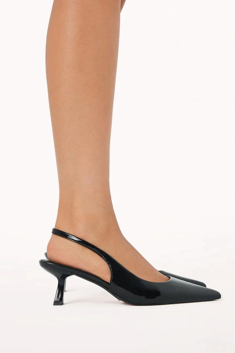 black patent faux leather pointed stiletto kitten heels
