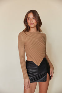 brown v hem sweater - crew neck knit top - fall cropped sweater