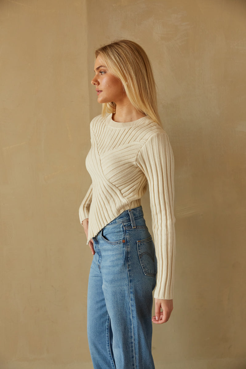 ivory ribbed sweater top - crew neck knit sweater - cropped fall sweater