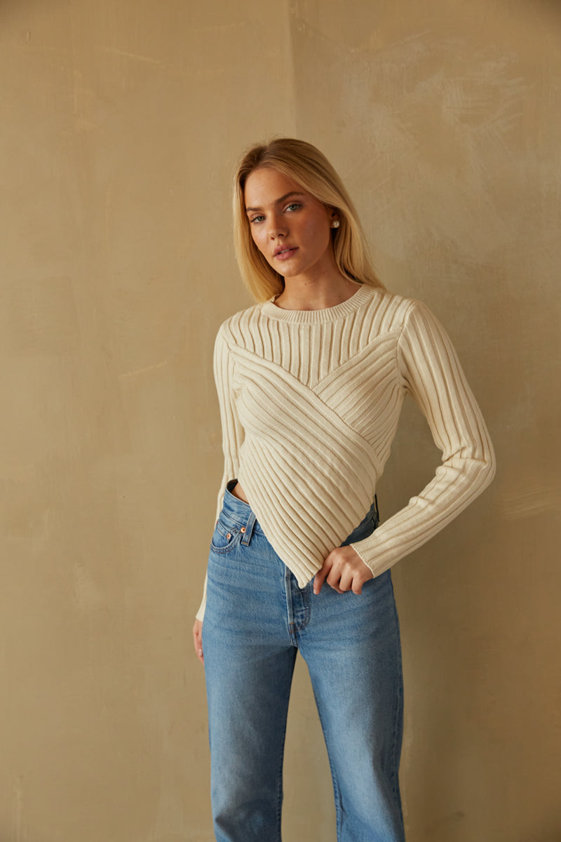 cream ribbed cropped sweater - fall fashion - ivory v cut sweater