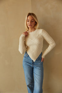 diagonally ribbed sweater - ivory cropped long sleeve knit top - sweaters for autumn
