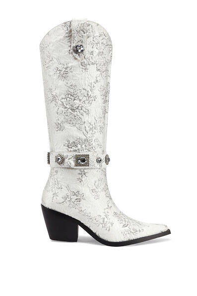 side view silver brocade western boots with rhinestones and pull tabs - white background