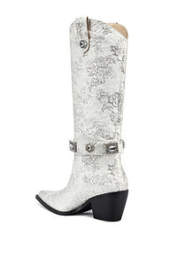 back view silver brocade western boots with rhinestones and pull tabs - white background - cowboy boots for bachelorette