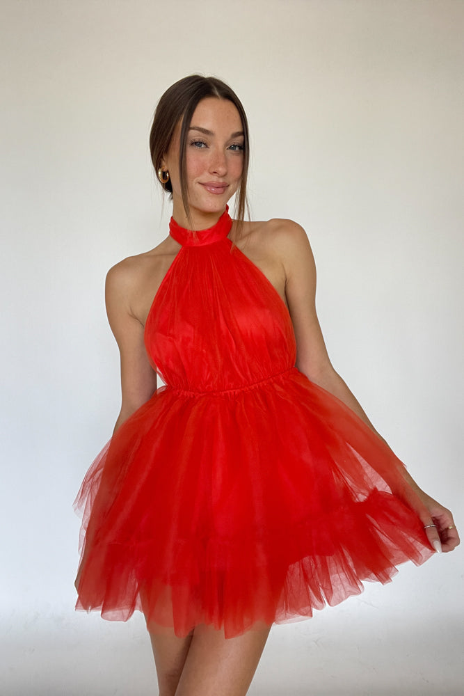 tulle halter dress in red orange - what to wear for the holidays - holiday party dress inspo - what to wearhoco 2023 | hoco-image