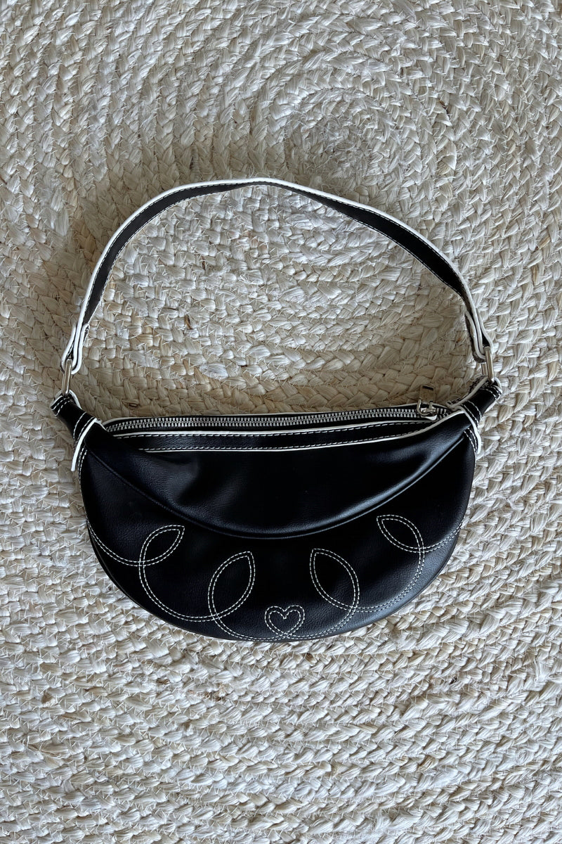black smooth faux leather embroidered purse