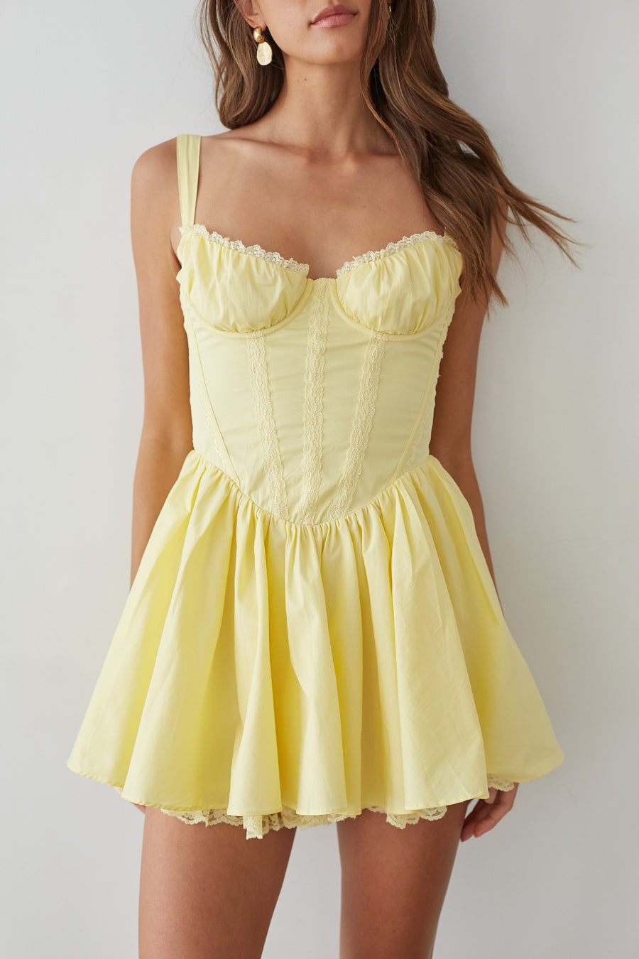 corset yellow dress Belle Lace Trim Corset Mini Dress