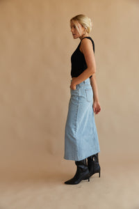 light wash denim midi skirt - long denim skirt with slit - trendy fall 2023 outfit