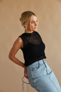 black open knit crew neck sweater top - sleeveless black sheer sweater vest - fall transitional tops