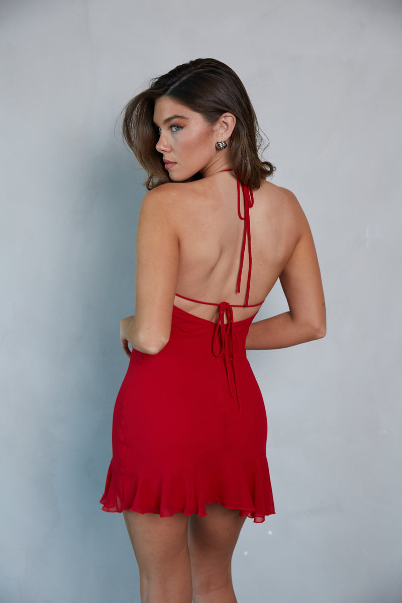 Bex Halter Ruffle Mini Dress Shop American Threads Online Boutique Red / XS Bex Halter Ruffle Mini Dress Shop American Threads Online Boutique Red / XS