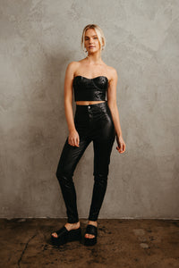 trendy faux leather outfit - black vegan leather skinny pants with front seams