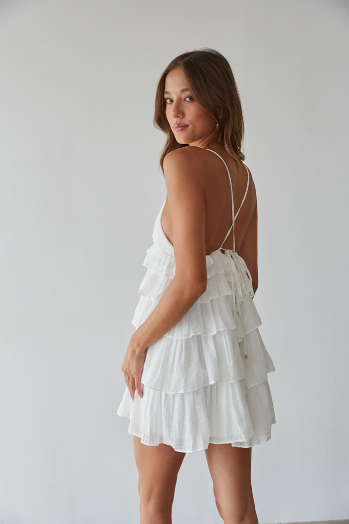 Boardwalk Tiered Ruffle Tie Back Mini Dress American Threads Boutique White / L Boardwalk Tiered Ruffle Tie Back Mini Dress American Threads Boutique White / L