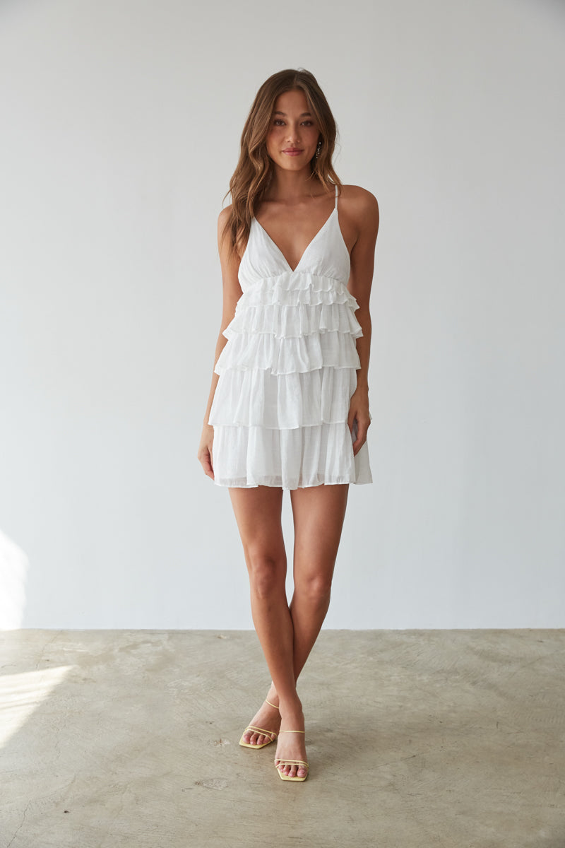 Boardwalk Tiered Ruffle Tie Back Mini Dress American Threads Boutique White / L Boardwalk Tiered Ruffle Tie Back Mini Dress American Threads Boutique White / L