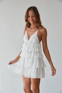 adjustable tie back mini dress - tiered ruffle mini dress - white ruffle babydoll dress