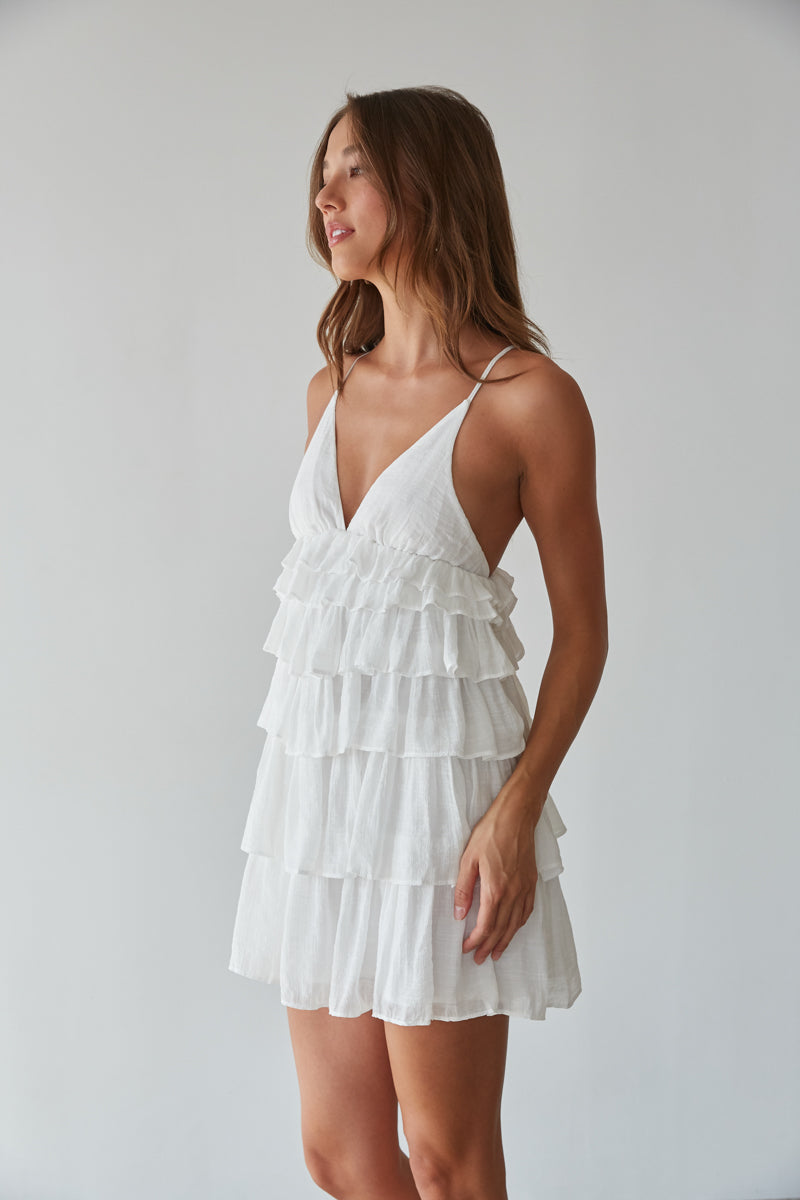white ruffle mini dress - white vacation dresses - open back tiered ruffle dress