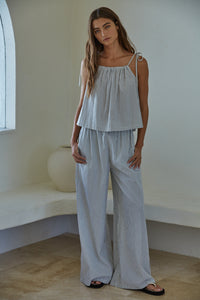 blue and white striped matching set - linen blend wide leg pants - resort wear