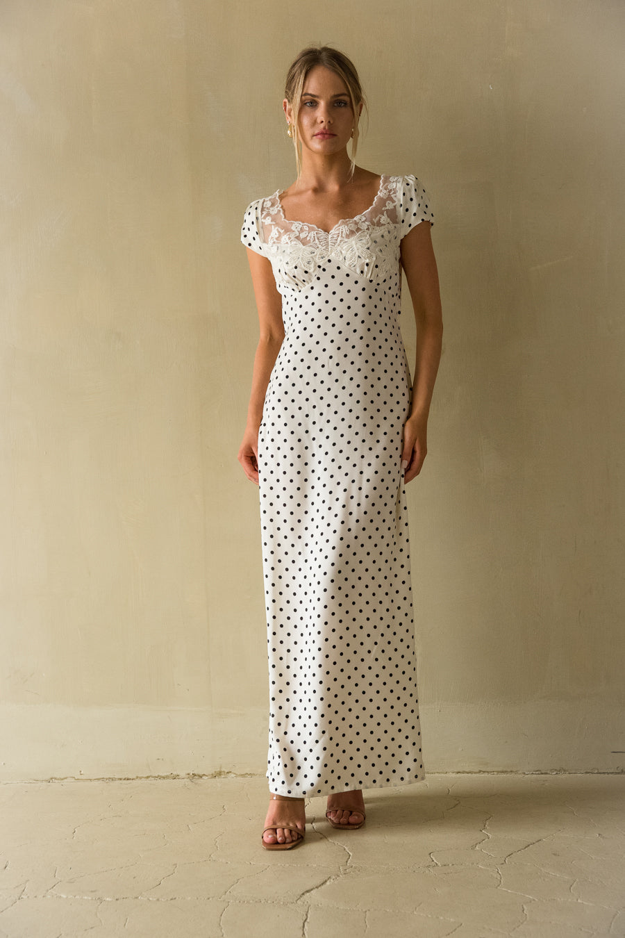 Front View | Polka Dot lace trim Maxi Dress | Beach vacation Dress