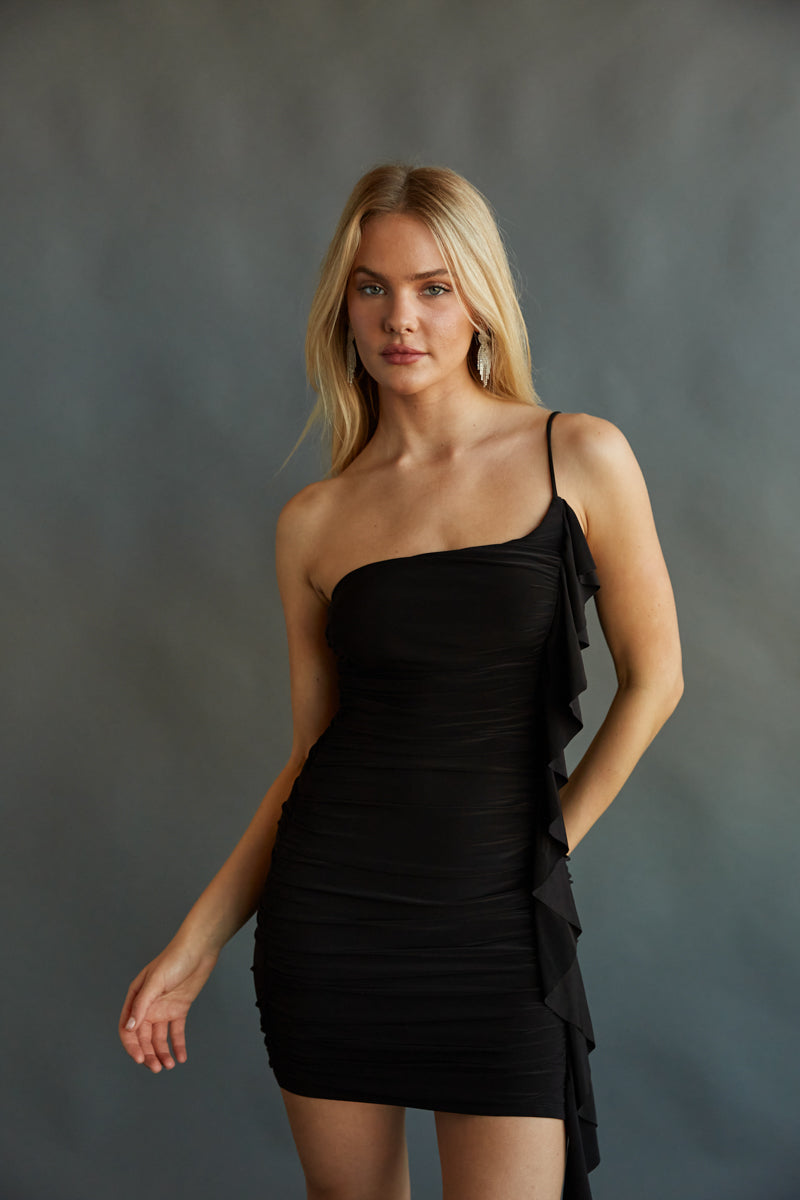 Breanne One Shoulder Ruffle Bodycon Mini Dress • Shop American Threads Women's Trendy Online Boutique Black / M