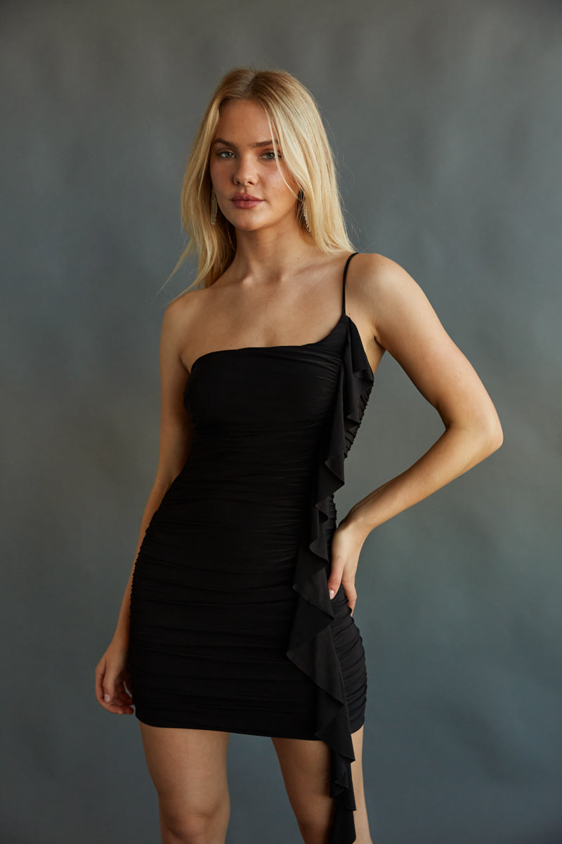 Breanne One Shoulder Ruffle Bodycon Mini Dress Shop American Threads Women's Trendy Online Boutique Black / M Breanne One Shoulder Ruffle Bodycon Mini Dress Shop American Threads Women's Trendy Online Boutique Black / M