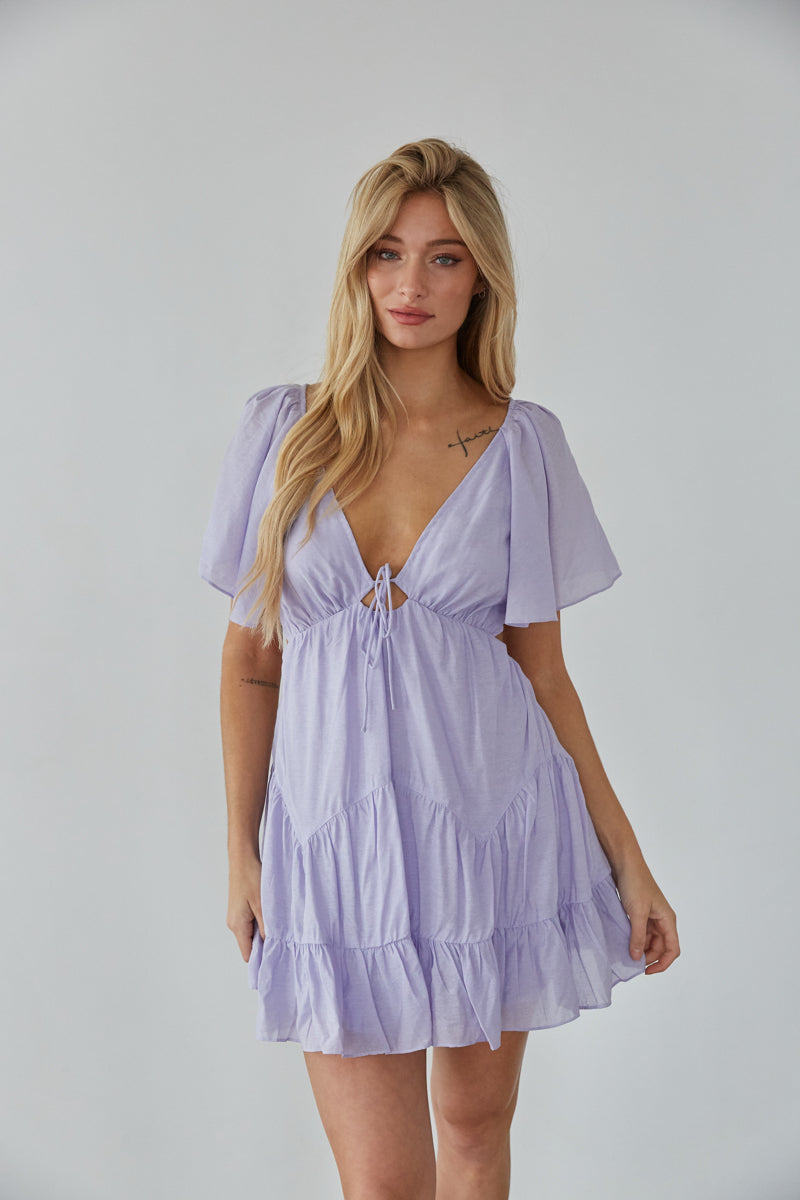 lilac open back babydoll dress - purple tie front mini dress - cute summer dress inspo