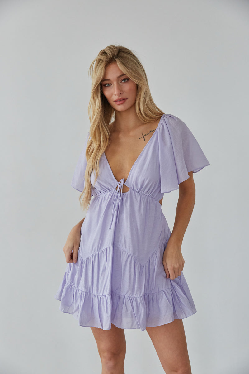 lavender tie front mini dress - open back flutter sleeve babydoll dress - purple summer dress