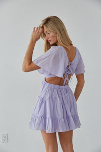 lilac open back sorority rush dress - lavender tie front babydoll dress - flowy purple mini dress