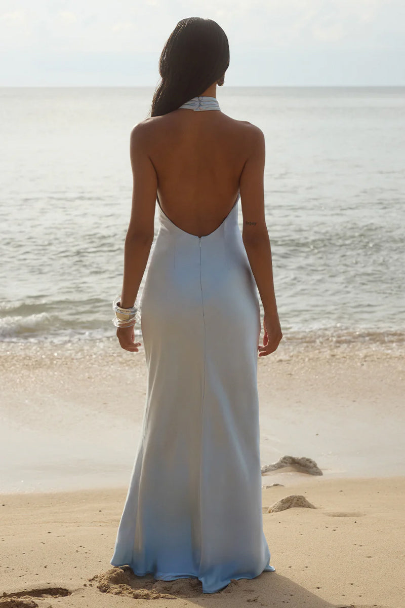Brigitte Halter Neck Open Back Satin Maxi Dress • Shop American