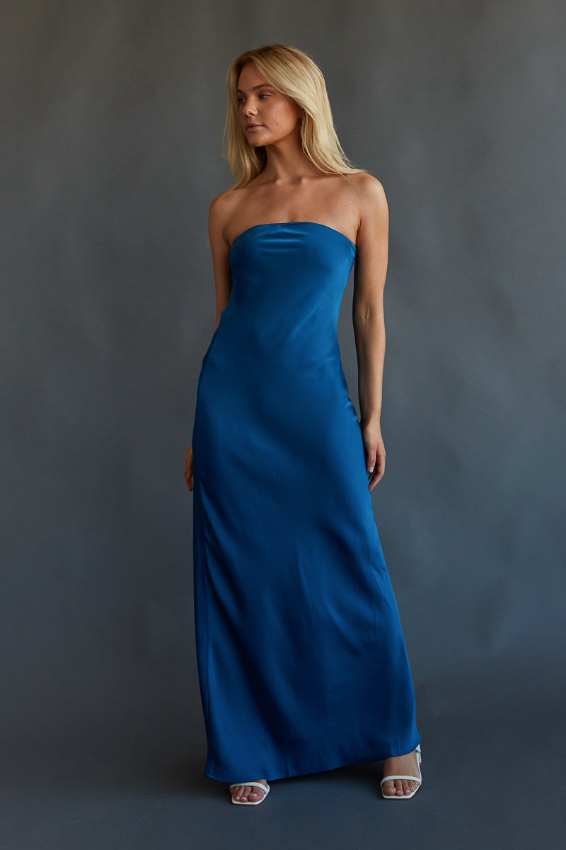 strapless wedding guest gown with open ties at the back