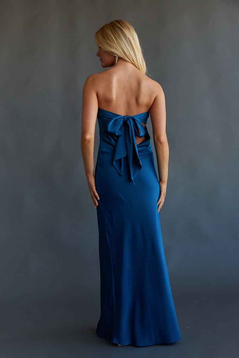 elegant ocean blue maxi dress with bow back and straight across neckline - black tie dress