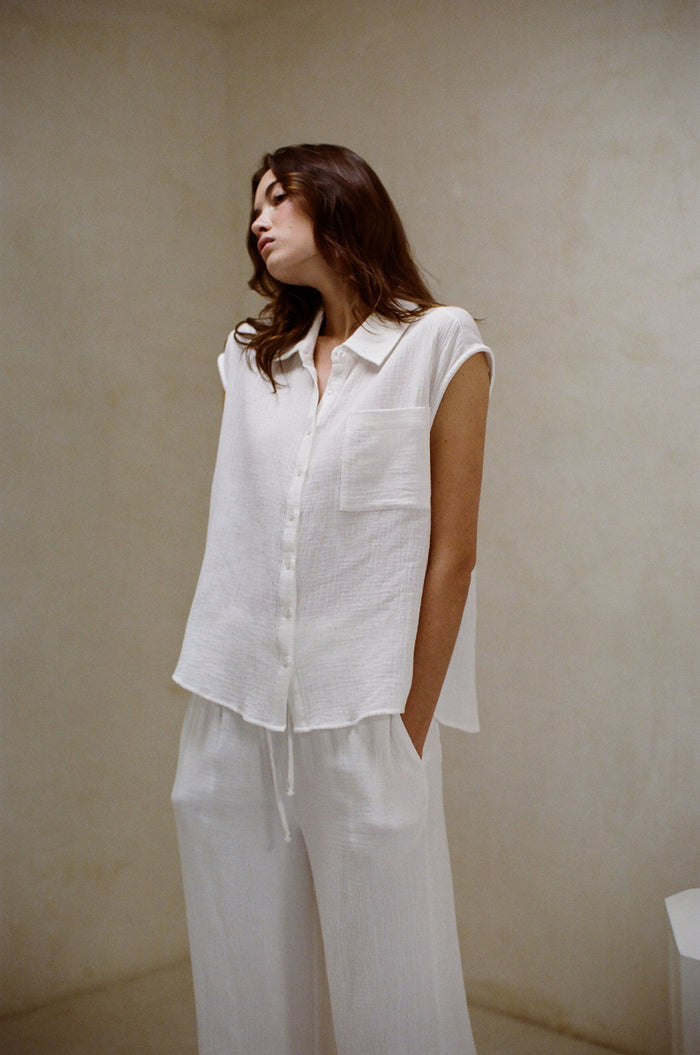 white gauze material collared shirt - matching cotton beach cover up set