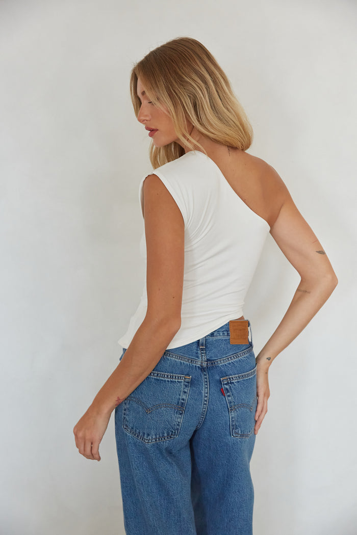 back view | white asymmetrical one shoulder butter soft tee