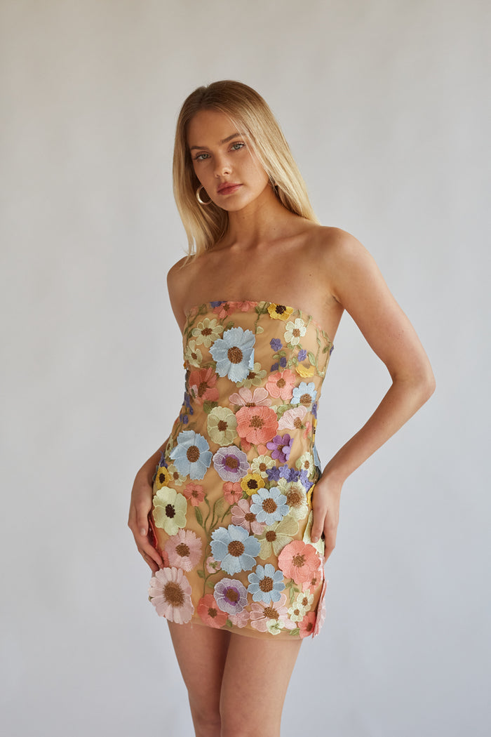 Candice Strapless Floral Lace Mini Dress Shop American Threads Women's Trendy Online Boutique Floral Multi / M Candice Strapless Floral Lace Mini Dress Shop American Threads Women's Trendy Online Boutique Floral Multi / M