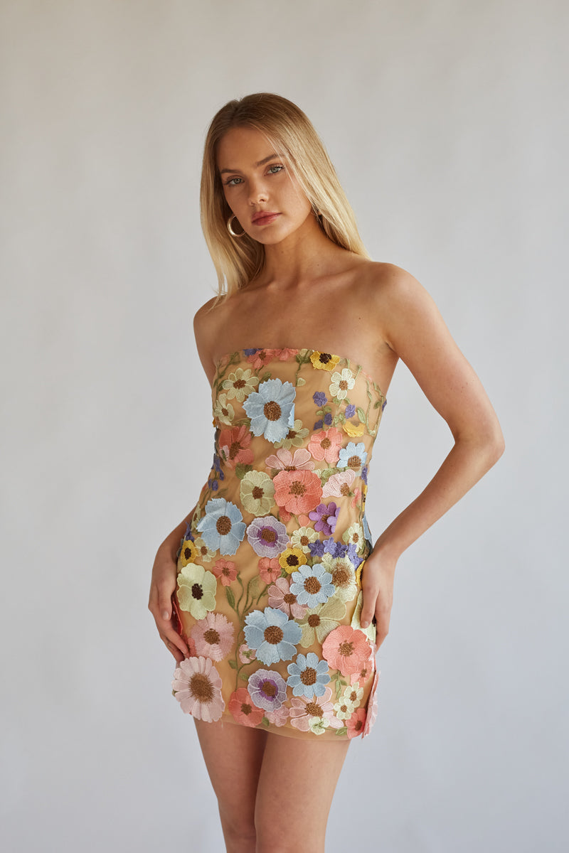 Candice Strapless Floral Lace Mini Dress • Shop American Threads Women's Trendy Online Boutique Floral Multi / M